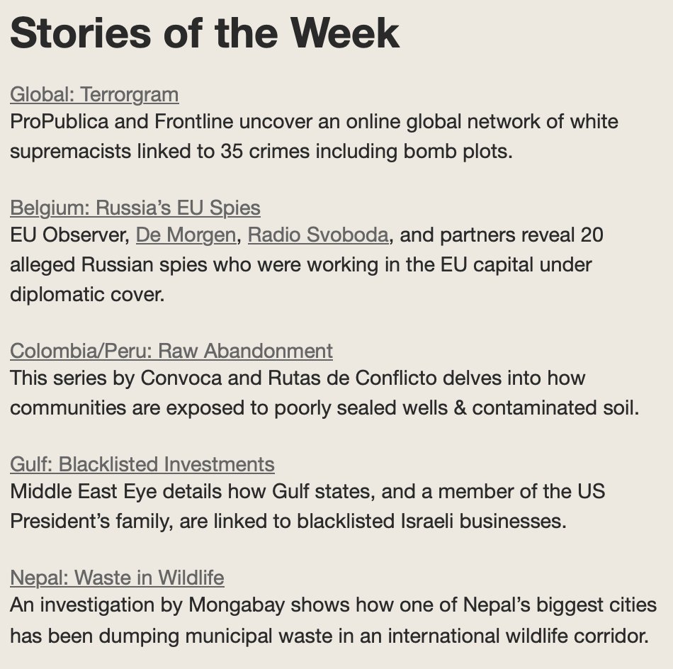 📚 GIJN's Stories of the Week

• <a href="/propublica/">ProPublica</a> &amp; <a href="/frontlinepbs/">FRONTLINE</a> uncover an online network of white supremacists.
• <a href="/MongabayOrg/">Mongabay</a> shows how one of Nepal’s biggest cities has been dumping municipal waste.

Full newsletter: twp.ai/1VIdWo