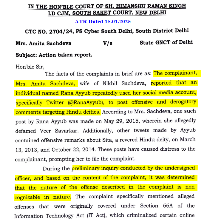SachdevaAmita's tweet photo. Negligence or Intentional Dilution?
Despite a clear court order under Section 156(3) CrPC, directing the registration of an FIR against Ms. @RanaAyyub, the police failed to incorporate the complaint’s contents properly. Shockingly, the FIR—registered only on the court’s order—did not even name the accused in Column 7, instead marking it as "Unknown."
When questioned by the Ld. Judge, the IO admitted they hadn’t even verified the accused’s identity before registration! The Ld. Judge was stunned and has now ordered the IO to verify the accused’s Twitter handle and submit a fresh ATR.
With the blessings of Bhagwan Shri Krishna, I want to say that my aim is not to engage in superficial efforts but to make sincere efforts to hold people accountable if they insult Sanatan Dharma.
Why this blatant negligence? Is it inefficiency or a deliberate attempt to shield someone? #JudicialOversight #PoliceAccountability
@SanatanPrabhat @OpIndia_com