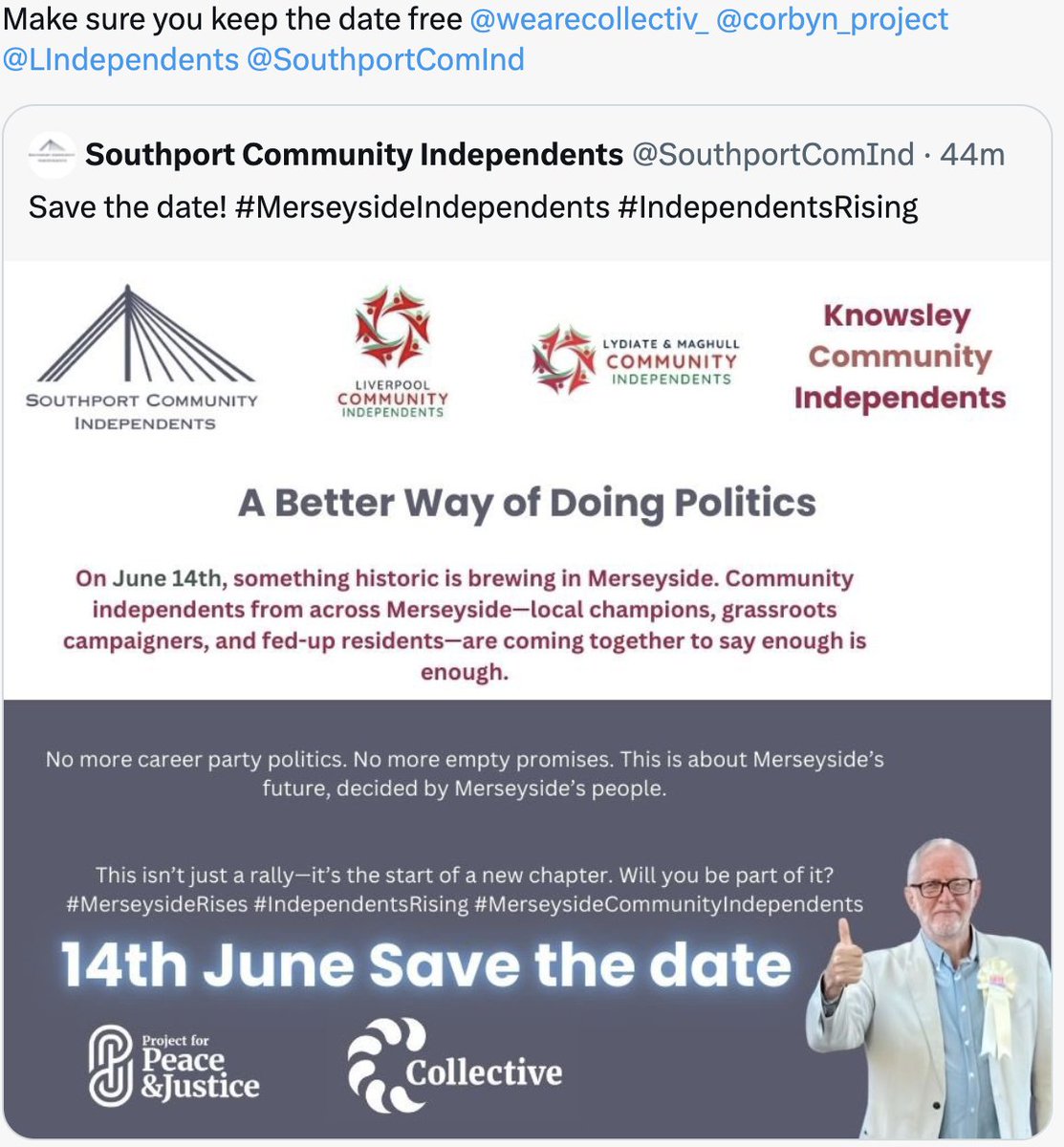 Liverpool Community Independents (@lindependents) on Twitter photo The best way to support what our colleagues in east London are doing is to get socialists elected on Merseyside.
Join us on June 14th.
<a href="/wearecollectiv_/">Collective</a> <a href="/tf_politics/">Transform Politics 🦋</a> The best way to support what our colleagues in east London are doing is to get socialists elected on Merseyside.
Join us on June 14th.
<a href="/wearecollectiv_/">Collective</a> <a href="/tf_politics/">Transform Politics 🦋</a>