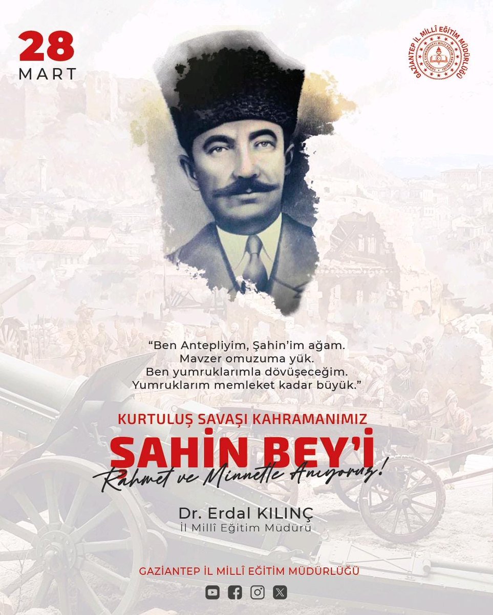 Gazi şehrin minnet anıtı, yumrukları memleket kadar büyük Şahin Bey'i şehitlik mertebesi ile Hakk'a yürüyüşünün 105. yıl dönümünde rahmet ve şükranla anıyoruz.🇹🇷🇹🇷🇹🇷