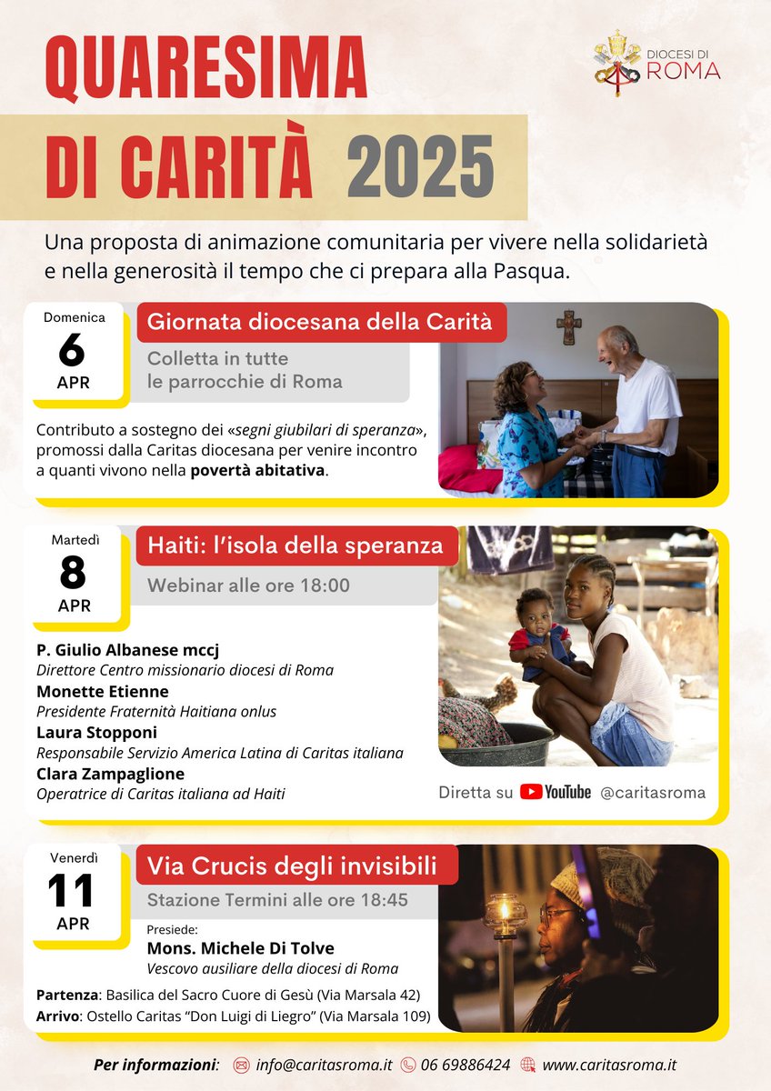 La giornata della Carità domenica #6aprile, il webinar “Haiti: l’isola della speranza” martedì #8aprile su YouTube e la Via Crucis degli invisibili venerdì #11aprile: ecco gli appuntamenti per la #QuaresimadiCarità promossi dalla Caritas <a href="/diocesidiroma/">Diocesi di Roma</a> caritasroma.it/2025/03/gli-ap…