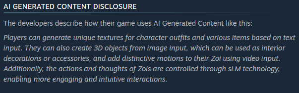Before all you Vtubers start downloading Inzoi, please know that this game uses AI Generated content.

We as Vtubers should respect artists &amp; not support this game by playing it. "RTX Models" are fun but AI is not.