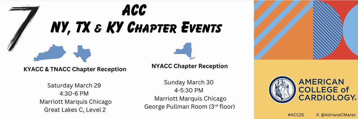 Adriana C. Mares (@adrianacmares) on Twitter photo #7 – <a href="/ACCinTouch/">American College of Cardiology</a> Chapter Events
<a href="/kentuckyacc/">Kentucky Chapter ACC</a> & <a href="/txchapteracc/">Texas Chapter - ACC</a> Reception:
⚪️3/29
🟠4:30-6 PM
Register: cognitoforms.com/AgentisManagem…
<a href="/NYSCACC/">New York Chapter, ACC</a> Reception:
🟠3/30
🔵4 – 5:30 PM
⚪️Marriott Marquis Chicago
Connect with colleagues from your chapter & enjoy some downtime at #ACC25! #7 – <a href="/ACCinTouch/">American College of Cardiology</a> Chapter Events
<a href="/kentuckyacc/">Kentucky Chapter ACC</a> & <a href="/txchapteracc/">Texas Chapter - ACC</a> Reception:
⚪️3/29
🟠4:30-6 PM
Register: cognitoforms.com/AgentisManagem…
<a href="/NYSCACC/">New York Chapter, ACC</a> Reception:
🟠3/30
🔵4 – 5:30 PM
⚪️Marriott Marquis Chicago
Connect with colleagues from your chapter & enjoy some downtime at #ACC25!