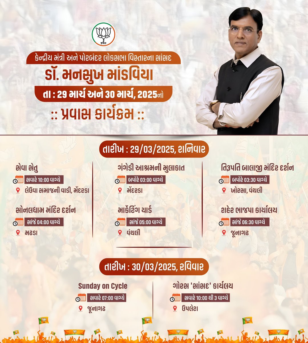 કેન્દ્રીય મંત્રી શ્રી ડૉ. મનસુખ માંડવિયાનો પોરબંદર લોકસભા વિસ્તારનો તારીખ 29 અને 30 માર્ચનો પ્રવાસ કાર્યક્રમ.