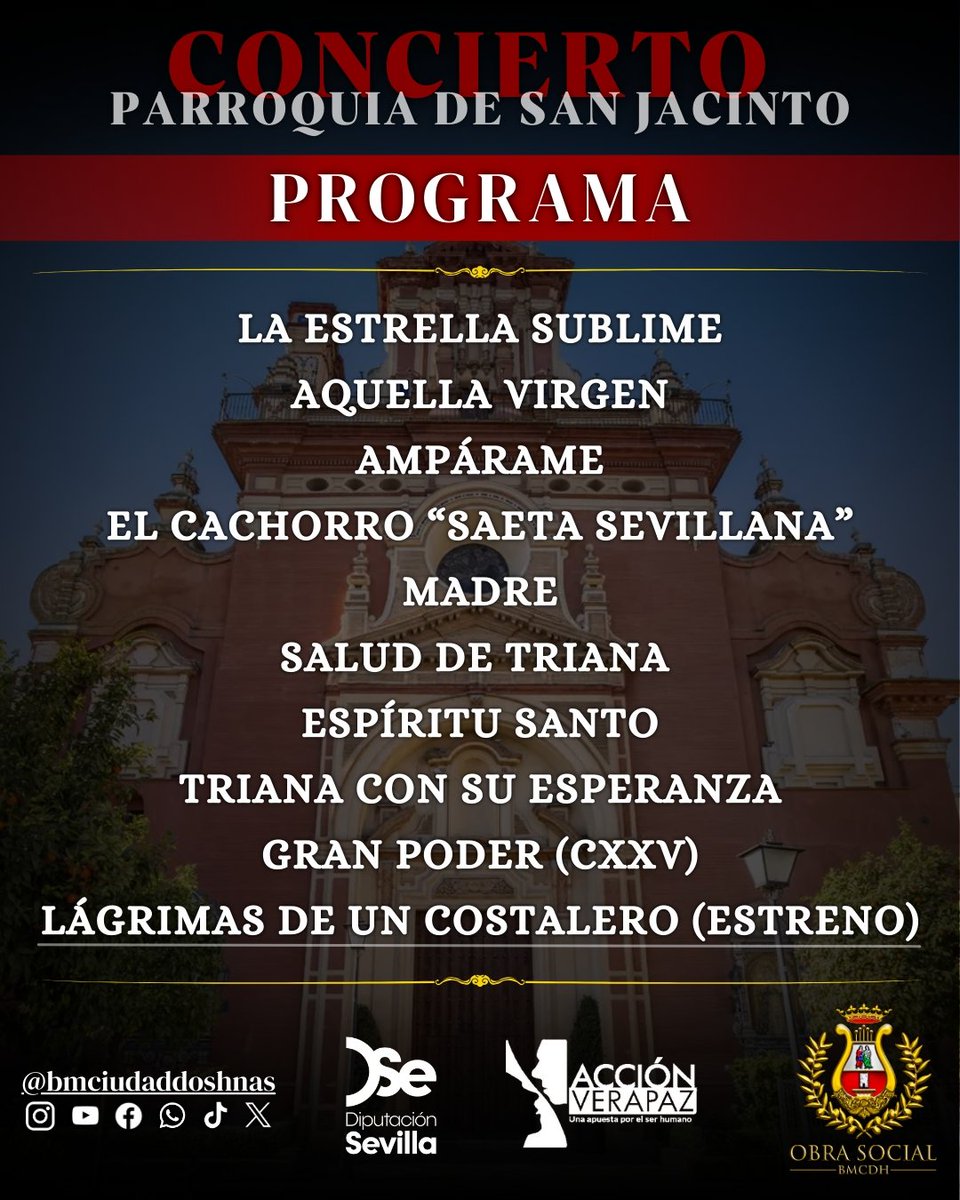 ¡𝗛𝗢𝗬 𝗦𝗨𝗘𝗡𝗔 𝗗𝗢𝗦 𝗛𝗘𝗥𝗠𝗔𝗡𝗔𝗦!

 🎶 En unas horas sonará Dos Hermanas en 𝗦𝗮𝗻 𝗝𝗮𝗰𝗶𝗻𝘁𝗼.

🫂Concierto de nuestra  𝗢𝗯𝗿𝗮 𝗦𝗼𝗰𝗶𝗮𝗹 𝗮 𝗯𝗲𝗻𝗲𝗳𝗶𝗰𝗶𝗼 de la Asociación 𝐀𝐂𝐂𝐈𝐎́𝐍 𝐕𝐄𝐑𝐀𝐏𝐀𝐙.

🫱🏼‍🫲🏼Con la ayuda <a href="/DIPUSEVI/">Diputación de Sevilla</a> 

📲 #SuenaDosHermanas