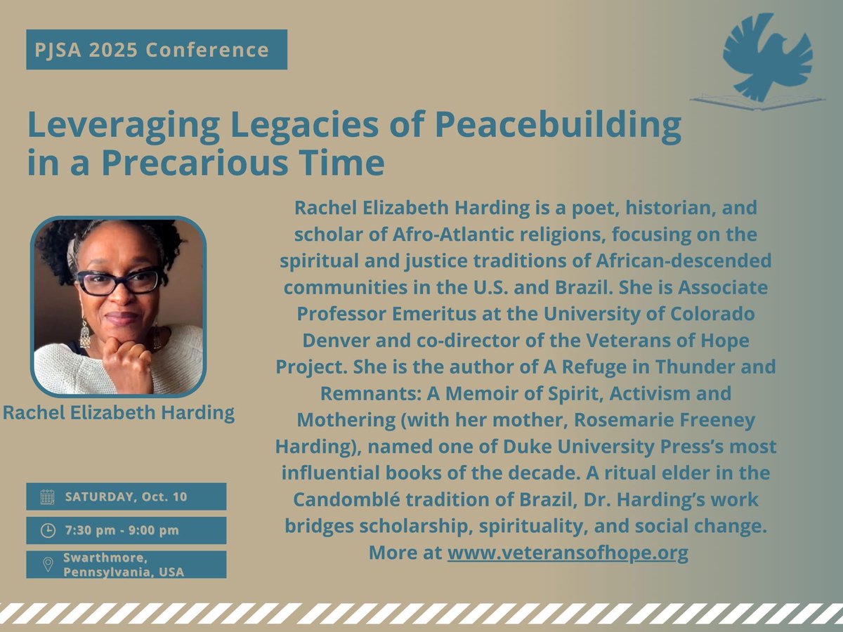 Mark your calendars!
PJSA 2025 Conference
Oct 9–12 | Swarthmore, PA
Hosted by Swarthmore’s Peace &amp; Conflict Studies Dept.

Keynote: Dr. Rachel Elizabeth Harding — poet, scholar, and historian.

Submit by May 1: peacejusticestudies.org/conference/202…

#PJSA2025 #Peace #Swarthmore