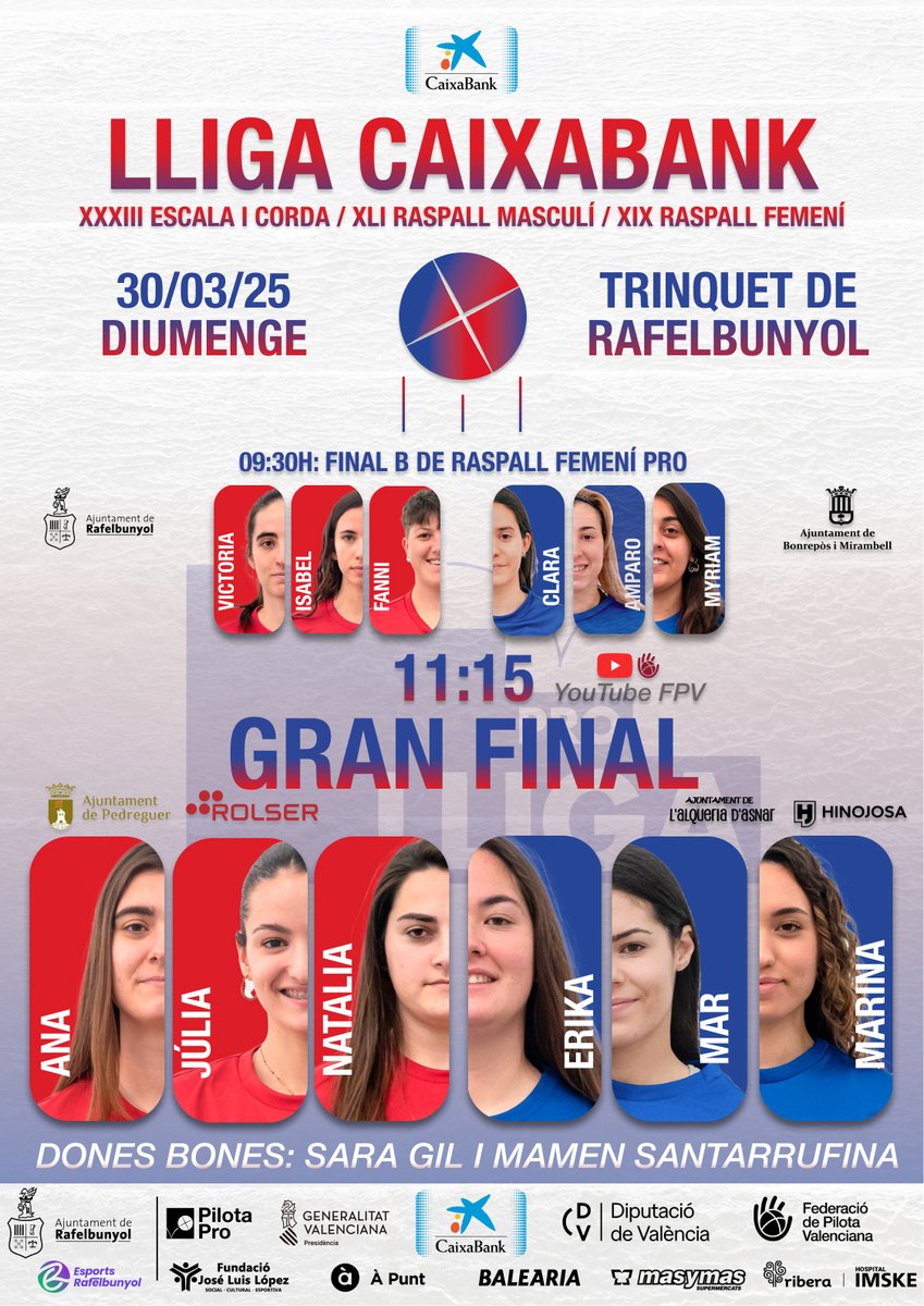 Recordeu que teniu les entrades a la venda per a la gran final de la Lliga CaixaBank de raspall femení Pro. 

😁 Este diumenge vos esperem des de les 9.30 hores al trinquet de Rafelbunyol!

🎟️Comprar entrades: entrades.fedpival.es/lliga-caixaban…