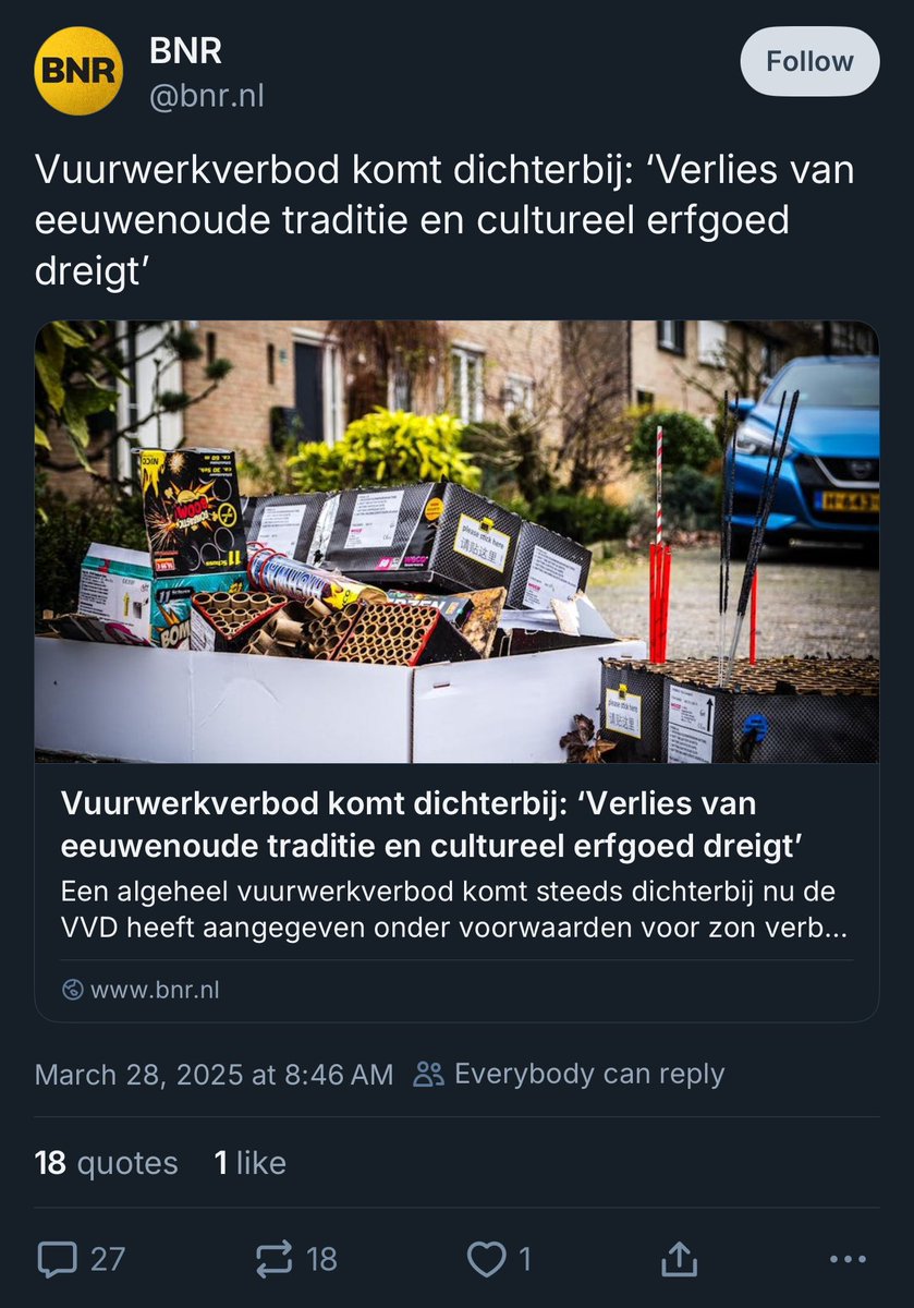 Fout

1. Vuurwerk komt niet uit Nederland, maar uit China.

2. Consumentenvuurwerk is hier pas sinds de jaren ‘60 verkrijgbaar

3. Op grote schaal afsteken met Nieuwjaar gebeurt pas sinds de jaren ‘70 en ‘80.

Vuurwerk is dus GEEN “eeuwenoude traditie” noch “cultureel erfgoed”.