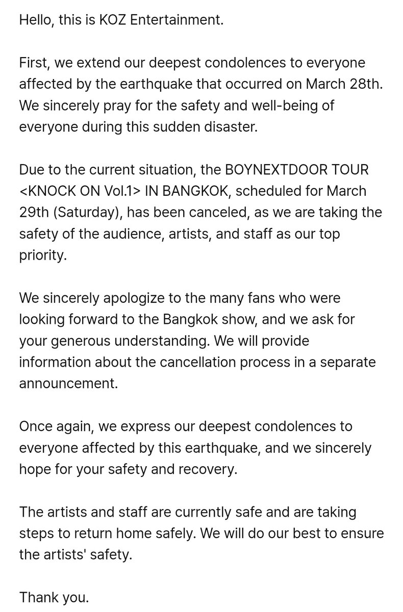 bndwiki's tweet photo. 📢 [#NOTICE] 250328

#BOYNEXTDOOR TOUR <KNOCK ON Vol.1> IN BANGKOK Cancellation Notice https://t.co/9D6dz6998n