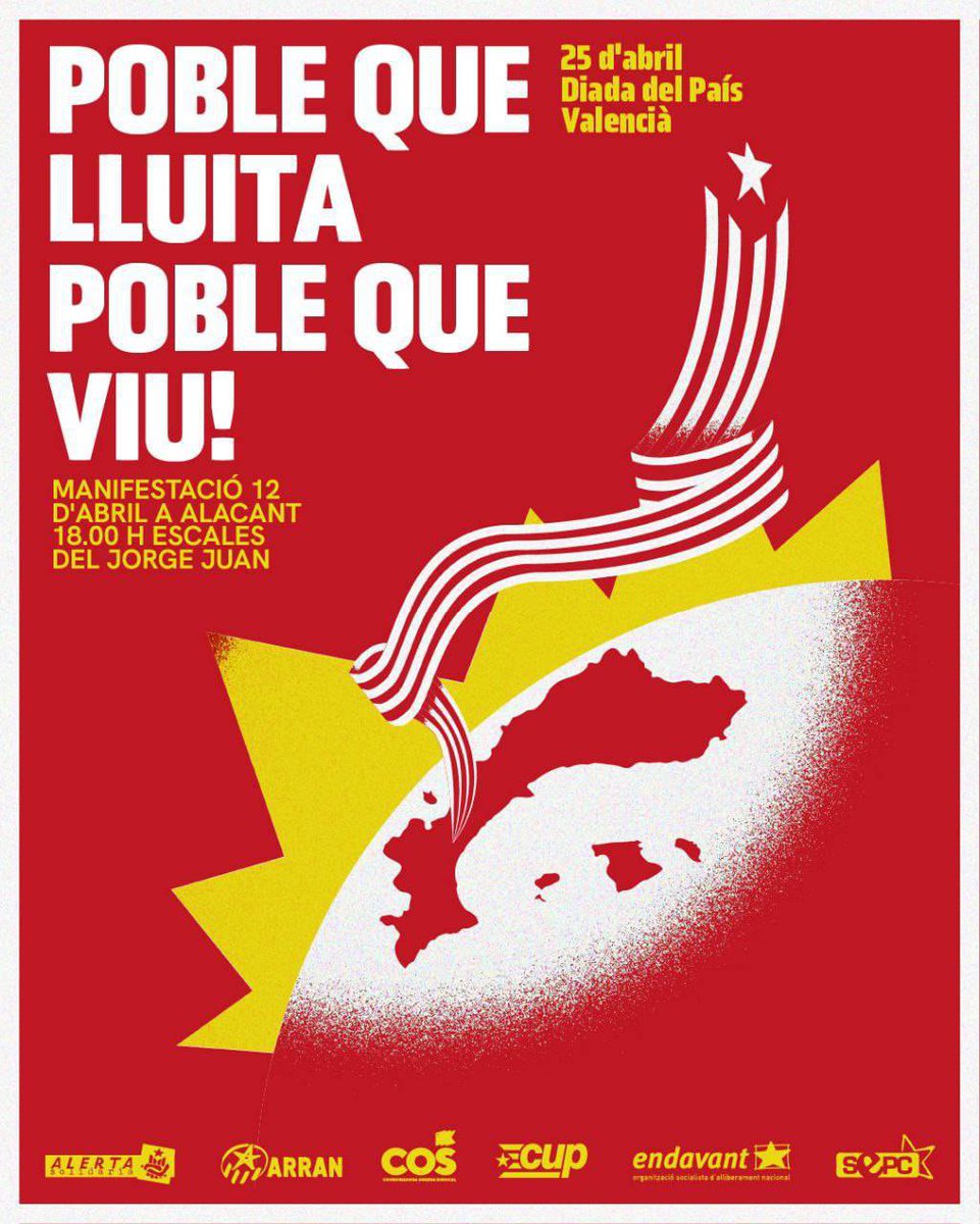 🚩 #25A | Diada del País Valencià

Contra un govern assassí, contra la substitució lingüística i cultural, contra qui odia el seu propi poble. Valencians, alcem-nos!

Poble que lluita, poble que viu!

12 d'abril • Alacant • 18h