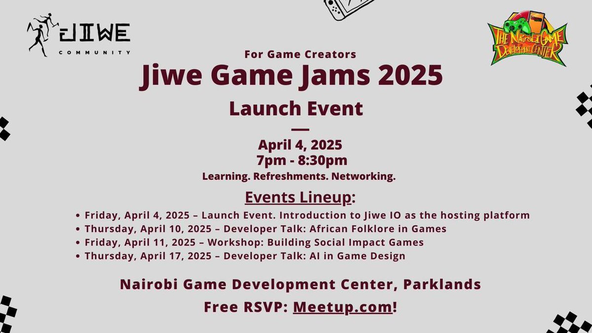 Game Devs &amp; Creators! Join us for the Jiwe Game Jams 2025 Launch Event 🎮 on April 4, 7PM at NGDC, Parklands! Meet industry leaders, network, &amp; explore game monetization. Free entry – RSVP on Meetup! Info: jiwe.studio/stories/jiwe-g… #JiweGameJams #GameDevKenya