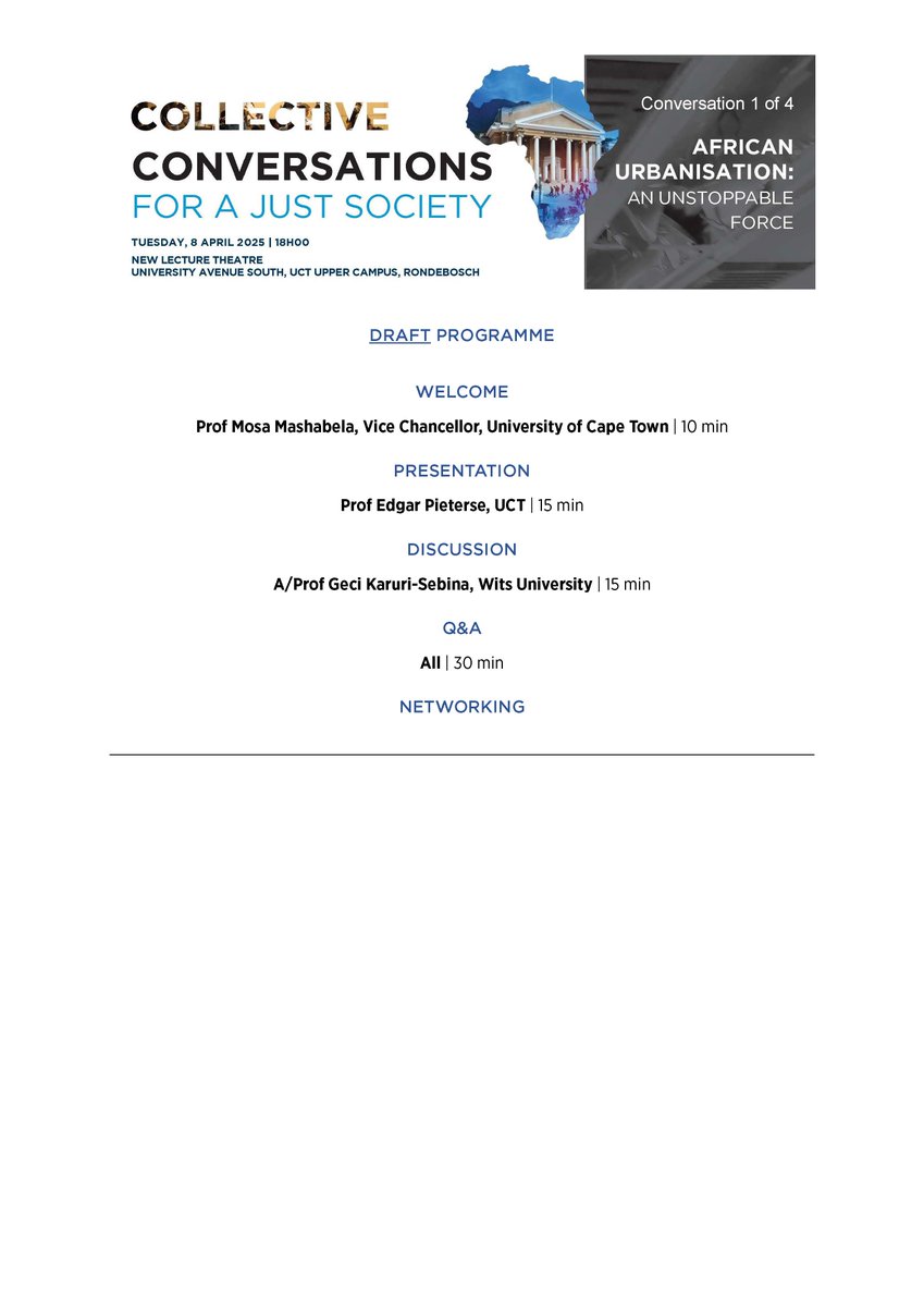 UCT Research (@uct_research) on Twitter photo .<a href="/UCT_news/">UCT</a> launches #CollectiveConversations on 8 April. Prof Edgar Pieterse (<a href="/UrbanAfricaACC/">African Centre for Cities</a>) & Prof Geci Karuri-Sebina (<a href="/Wits_WSG/">Wits School of Gov</a>) will discuss solutions for sustainable urbanisation in Africa, facilitated by <a href="/MelaneAfrica/">Africa Melane</a>. Seats are limited. RSVP: bit.ly/3Xw5Dty. .<a href="/UCT_news/">UCT</a> launches #CollectiveConversations on 8 April. Prof Edgar Pieterse (<a href="/UrbanAfricaACC/">African Centre for Cities</a>) & Prof Geci Karuri-Sebina (<a href="/Wits_WSG/">Wits School of Gov</a>) will discuss solutions for sustainable urbanisation in Africa, facilitated by <a href="/MelaneAfrica/">Africa Melane</a>. Seats are limited. RSVP: bit.ly/3Xw5Dty.
