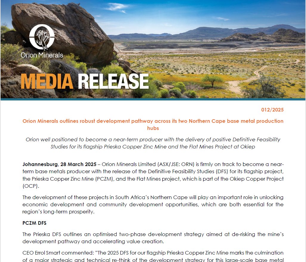 Orion Minerals outlines robust development pathway across its two Northern Cape base metal production hubs.

Read more: orionminerals.com.au/download/orion…