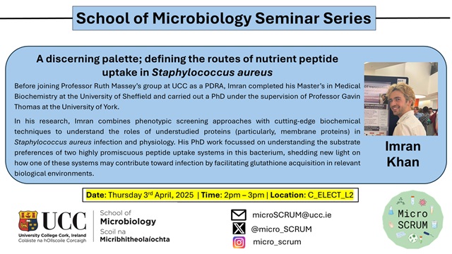 microSCRUM (@micro_scrum) on Twitter photo Our next speaker in our School Seminar Series is Imran Khan from Ruth Massey's lab who will speak about understudied membrane proteins in S. aureus physiology and infection, Thursday April 3rd. <a href="/UccMicrobiology/">Microbiology UCC</a> <a href="/MicroPGUCC/">UCC Microbiology Postgrad Committee</a> <a href="/Pharmabiotic/">APC Microbiome Ireland</a> <a href="/APCPostdoc/">APC Postdoc Association</a> <a href="/UCCResearch/">UCC Research</a> <a href="/SEFSUCC/">SEFS<a href="/UCC/">UCC Ireland</a></a> @UCC Our next speaker in our School Seminar Series is Imran Khan from Ruth Massey's lab who will speak about understudied membrane proteins in S. aureus physiology and infection, Thursday April 3rd. <a href="/UccMicrobiology/">Microbiology UCC</a> <a href="/MicroPGUCC/">UCC Microbiology Postgrad Committee</a> <a href="/Pharmabiotic/">APC Microbiome Ireland</a> <a href="/APCPostdoc/">APC Postdoc Association</a> <a href="/UCCResearch/">UCC Research</a> <a href="/SEFSUCC/">SEFS<a href="/UCC/">UCC Ireland</a></a> @UCC