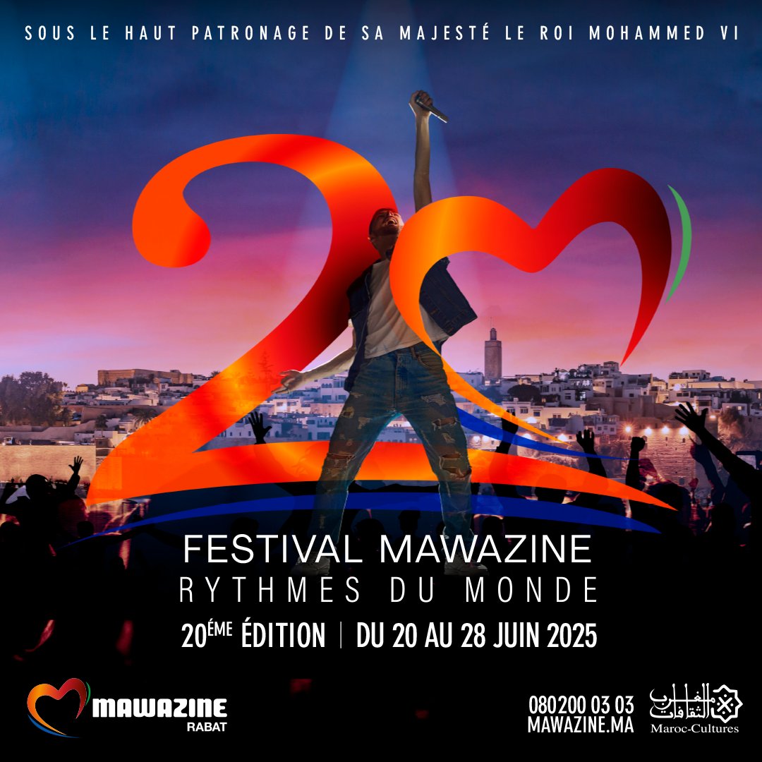 Mawazine fête ses 20 ans ! Deux décennies de musique et de passion, rendez-vous du 20 au 28 juin 2025 à Rabat pour une édition anniversaire exceptionnelle ! 🎶
#Mawazine20Ans #FestivalMawazine #RythmesDuMonde