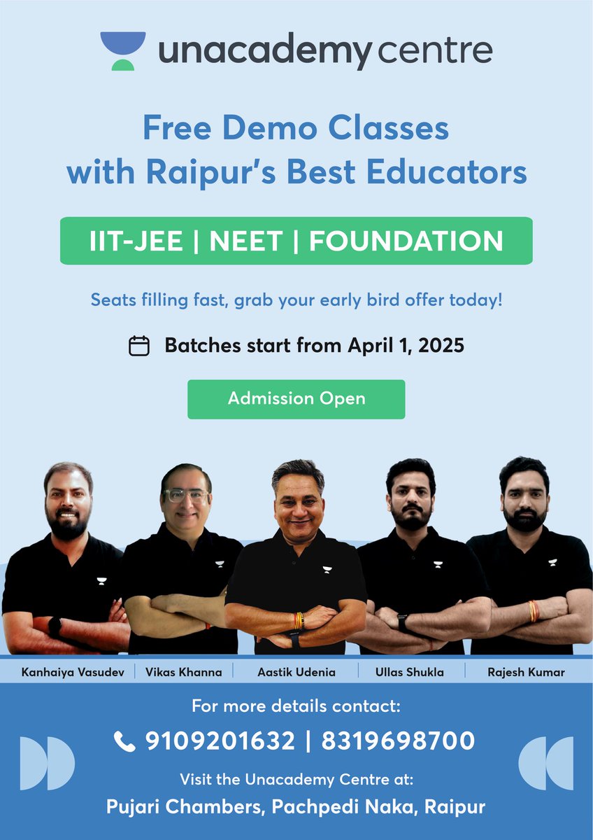 AastikUdenia's tweet image. 🚀 FREE DEMO CLASSES ALERT! 🎯

Join Raipur&apos;s Best Educators and ace your exams! 💯✨
📅 Batch Starts: 1st April 2025
⚡ Seats Filling Fast – Enroll Now!

📍 Visit: Unacademy Centre, Pujari Chambers, Pachpedi Naka, Raipur
📞 Call: 9109201632

#FreeDemoClass #Unacademy