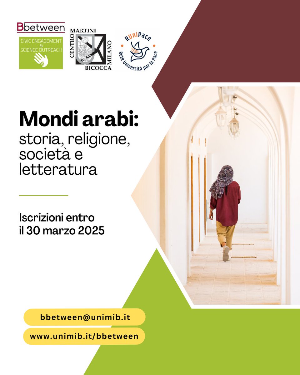Bbetween Unimib (@bbetween_unimib) on Twitter photo Ultimi giorni per iscriversi a questo corso online in 4 appuntamenti dedicato ai Mondi Arabi, proposto in collaborazione con <a href="/CentroMartiniB/">Centro Martini Bicocca</a>.
La partecipazione è gratuita e aperta a tutti🆓
Per info e iscrizioni consulta la pagina dedicata:
unimib.it/eventi/mondi-a…
Ti aspettiamo! Ultimi giorni per iscriversi a questo corso online in 4 appuntamenti dedicato ai Mondi Arabi, proposto in collaborazione con <a href="/CentroMartiniB/">Centro Martini Bicocca</a>.
La partecipazione è gratuita e aperta a tutti🆓
Per info e iscrizioni consulta la pagina dedicata:
unimib.it/eventi/mondi-a…
Ti aspettiamo!