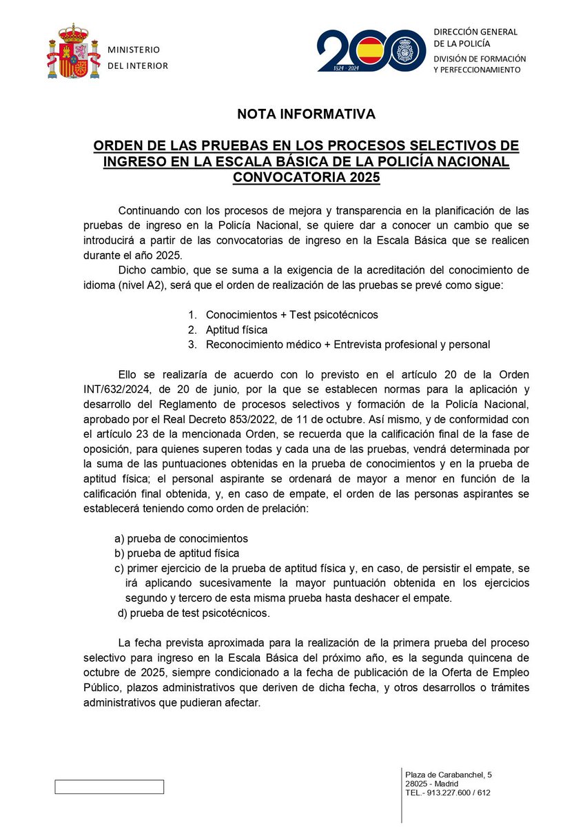 🚨CAMBIO PROCESOS SELECTIVOS EB

▶️ Cambio de orden de las pruebas: 

1️⃣ Teoría y Psicotécnicos 
2️⃣ Pruebas físicas 
3️⃣ Reconocimiento médico y entrevista 

▶️ Salvo demora de la OEP, la fecha prevista para la primera prueba será SEGUNDA QUINCENA DE OCTUBRE. 

👏🏼 Enhorabuena DFP
