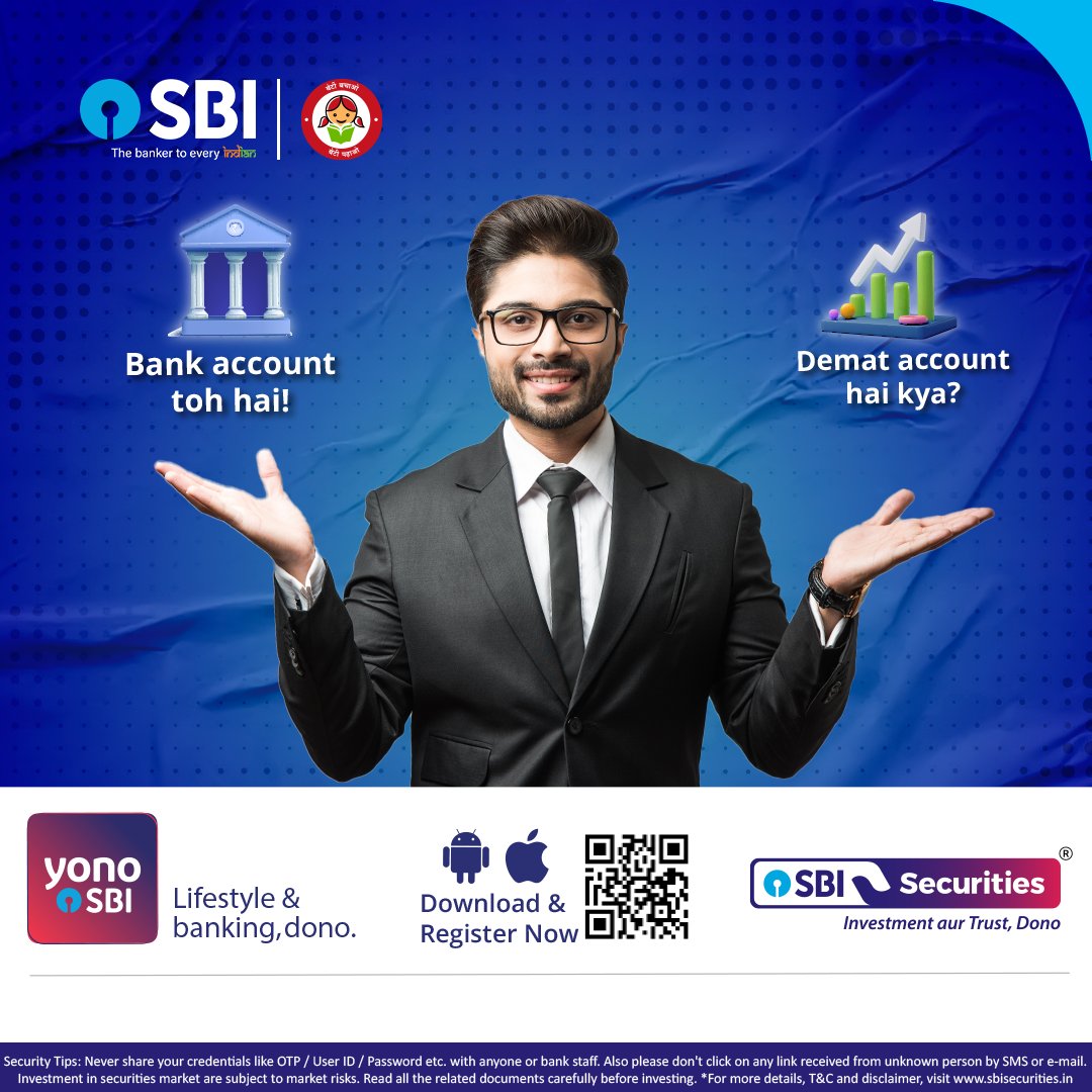 TheOfficialSBI's tweet photo. Invest your money by opening a Demat Account in 6 simple steps through YONO.

Download YONO SBI App today.

#SBI #TheBankerToEveryIndian #YONO #SBISecurities https://t.co/juKBE5nWyE