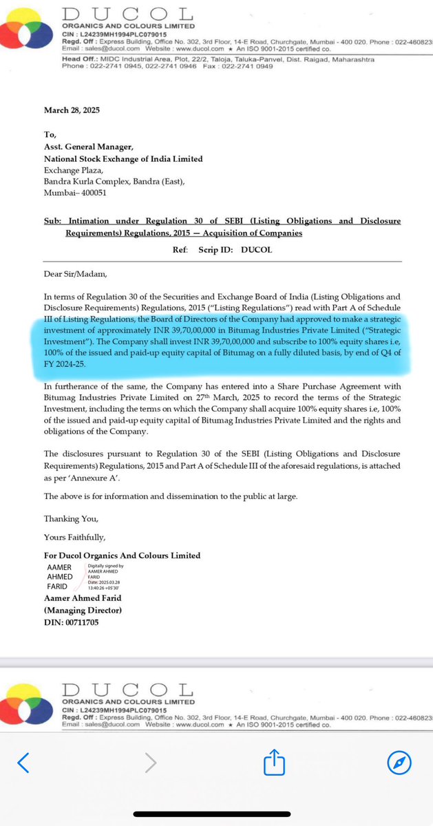 aaminvestor_'s tweet photo. #Ducol 

✅ Strategic investment in Bitumag Industries Private Limited. 

✅ The Company shall invest INR 39,70,00,000 and subscribe to 100% equity shares https://t.co/7VUy0fjxfJ