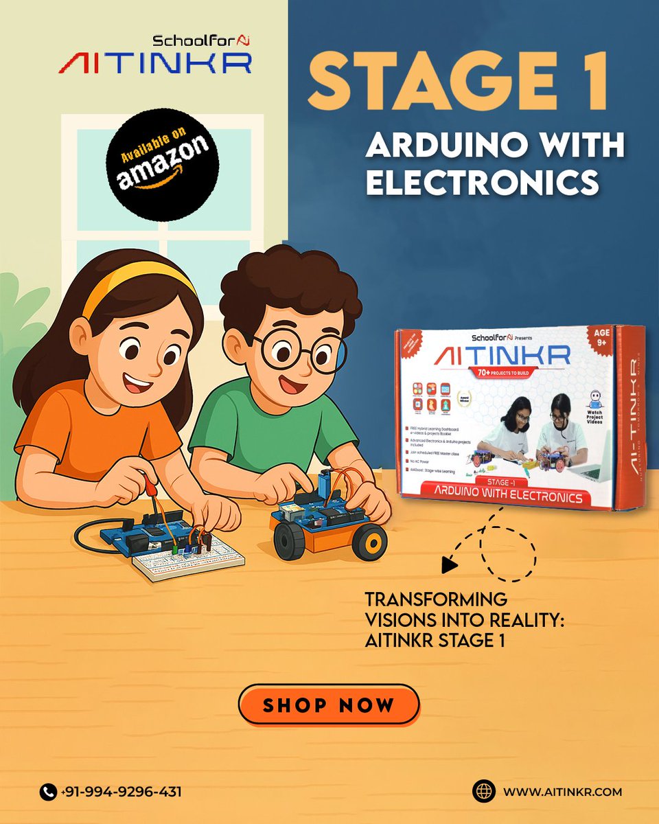 aitinkr's tweet image. 🌟 Transform learning with AITINKR Stage 1: Arduino with Electronics
🎥 Plus, the stunning poster design, inspired by Ghibli-style artistry, was created with the help of our amazing designer. ✨
#TechForKids #AITINKR #ArduinoLearning #STEMProjects #CreateAndLearn #IPL #SRH