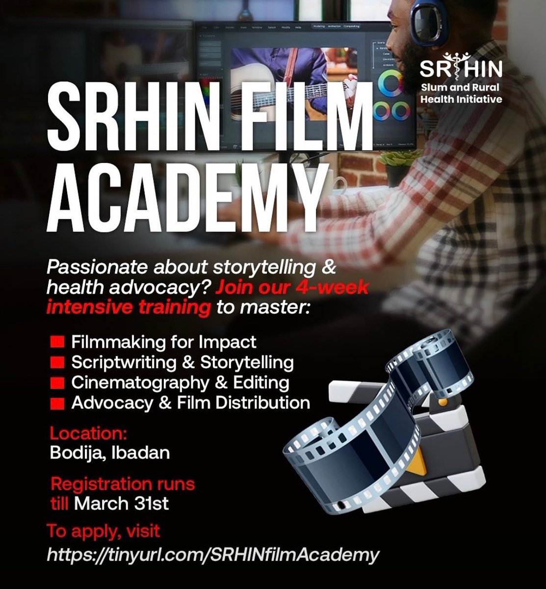 SRHINAfrica's tweet photo. Application closes in 4 Days! 

Are you passionate about using film to tell powerful stories and create real change? The SRHIN Film Academy (SFA) is designed for aspiring and emerging filmmakers who want to master:

✅ Scriptwriting & Storytelling – Craft compelling narratives that captivate audiences.
✅ Cinematography & Editing – Learn professional filming and post-production techniques.
✅ Advocacy & Film Distribution – Amplify your message and get your films seen.

Join industry experts in a hands-on learning experience that equips you with the skills to bring your stories to life and make an impact!

📍 Bodija, Ibadan 

 📅 Deadline:  March 31st 2025 

⏳ Limited slots available!

👉 Applications are on a rolling basis.

📢 Classes start as soon as applications close!

#SFA #SRHINFilmAcademy #FilmmakingForImpact #Storytelling #FilmForChange