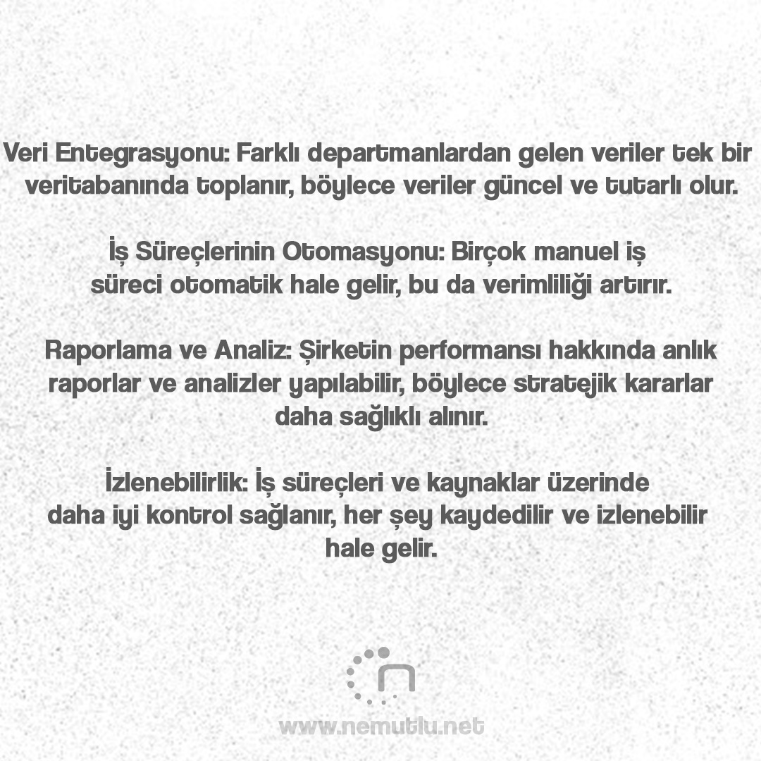 nemutluyazilim's tweet image. Veri Entegrasyonu: Farklı departmanlardan gelen veriler tek bir veritabanında toplanır, böylece veriler güncel ve tutarlı olur.
İş Süreçlerinin Otomasyonu: Birçok manuel iş süreci otomatik hale gelir, bu da verimliliği artırır.
nemutlu.net
#erp #yazılım