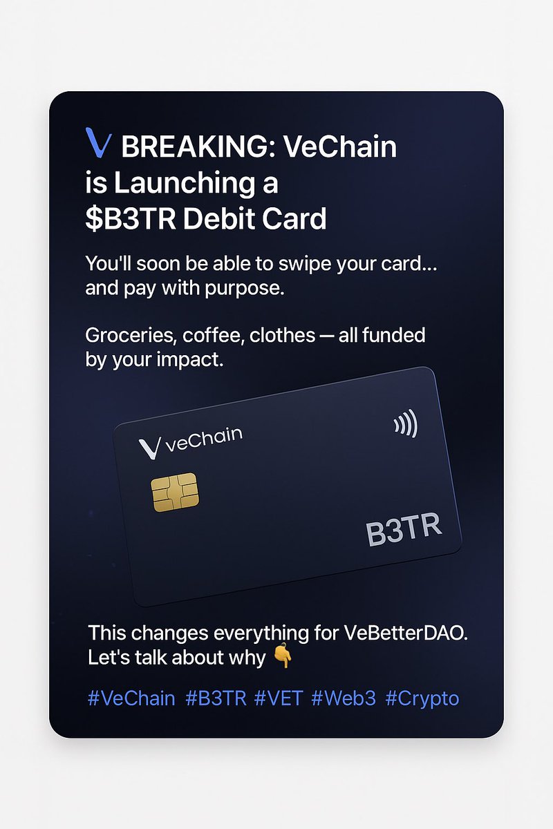 🚨🧵 BREAKING: #VeChain is Launching a $B3TR Debit Card🚨

Yes. You read that right.

You’ll soon be able to swipe your card… and pay with purpose.
Groceries, coffee, clothes — all funded by your impact.

This changes everything for #VeBetterDAO. Let’s talk about why 🧵👇