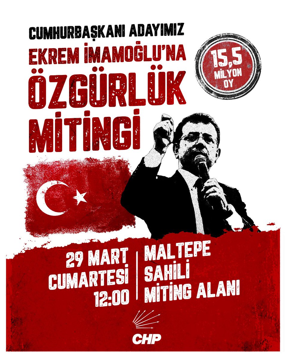 Millet iradesine darbeye karşı milyonlar olarak bir araya geliyoruz. 15,5 milyonun kararıyla Cumhurbaşkanı Adayımız Ekrem İmamoğlu'na özgürlük için buluşuyoruz!

Türk bayrağımızı al, gel. Beraberken çok daha güçlüyüz. 🇹🇷

🗓️29 Mart Cumartesi
🕐12.00
📍Maltepe Sahili Miting Alanı