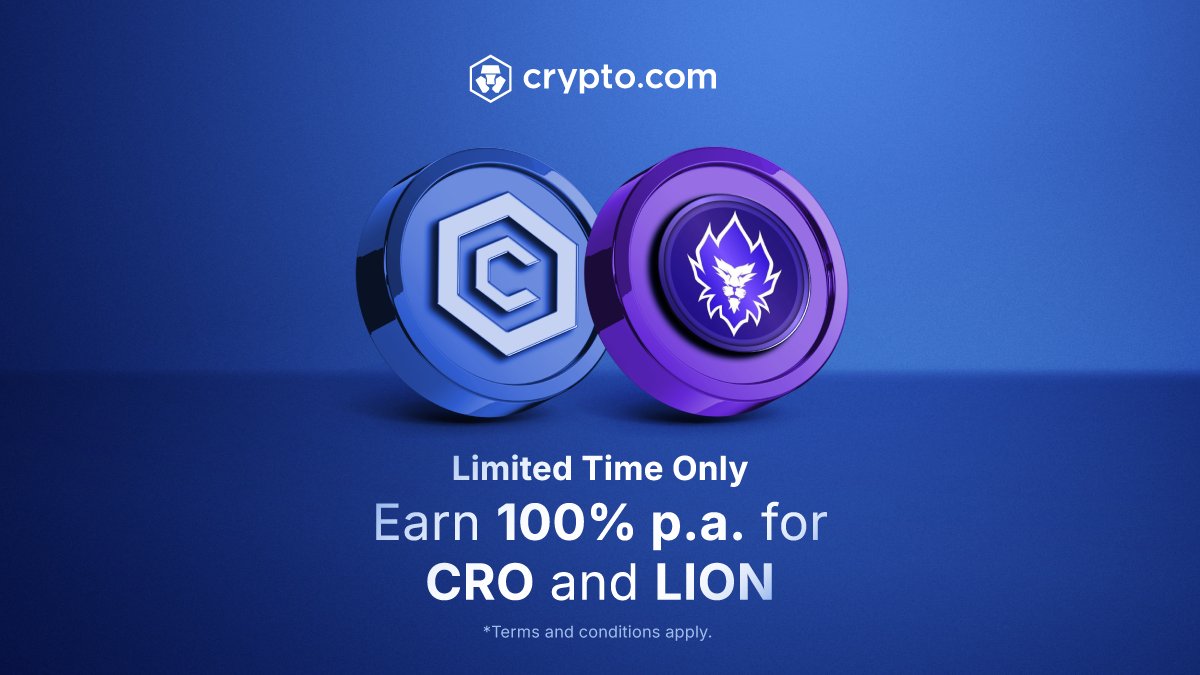 Supersize your Crypto Earn rewards for $CRO and $LION to a total of 100%  p.a. 🚀 Your task? Allocate an equal value of CRO and LION to their  12-month Limited Offers in