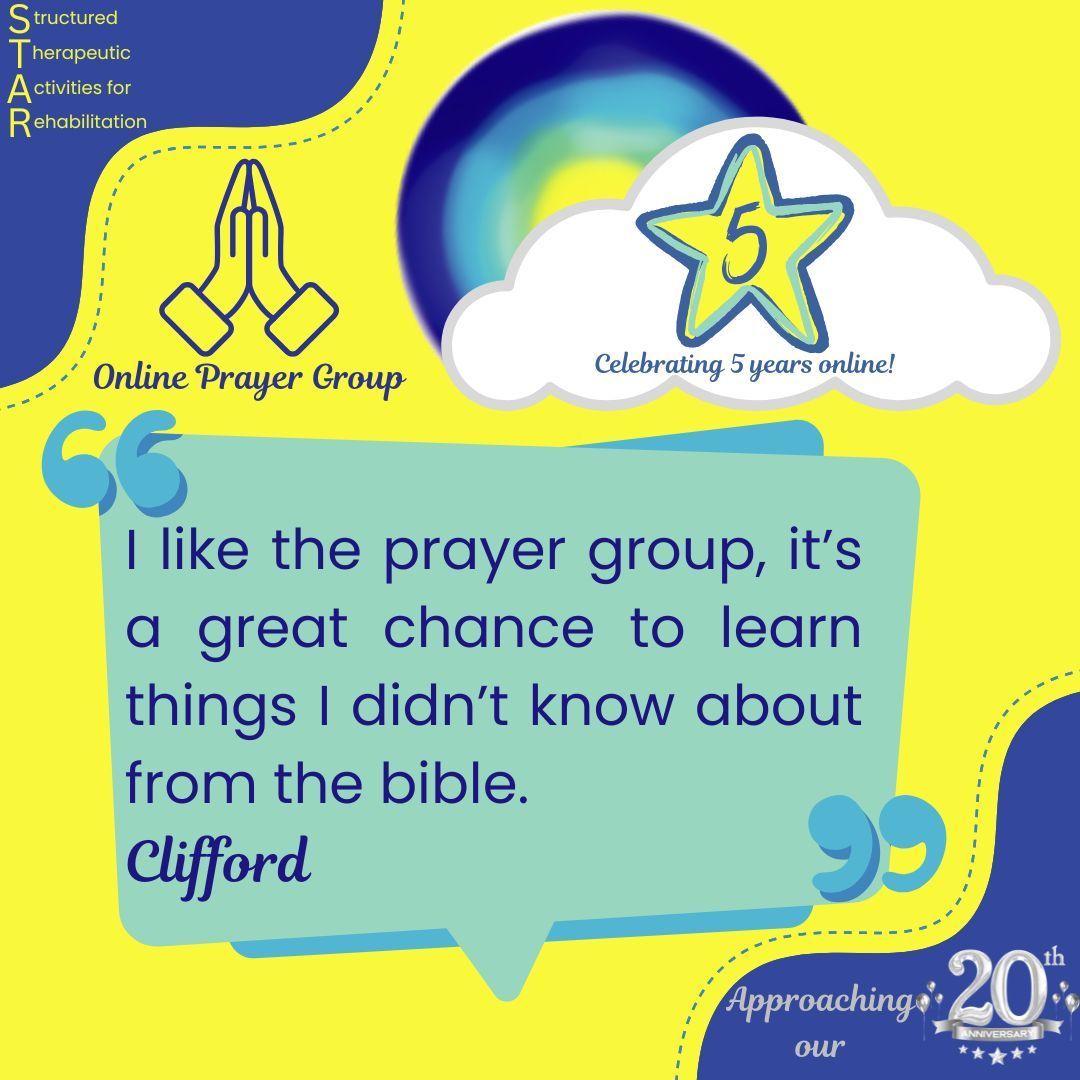 Silverlining celebrates 5 years of STAR online, inspired by a Silverliner whose spirituality aided recovery post-brain injury. Our Tuesday prayer group offers a spiritual space for Silverliners. #BrainInjuryAwarenessMonth #TheSilverliningBrainInjuryCharity #Rehabilitation