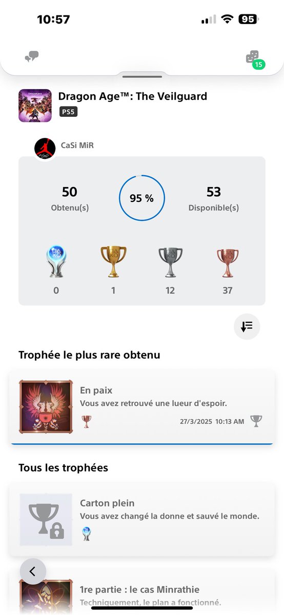 😭😭😭 pas de platine. Pour une fois, je n’ai pas regardé un guide avant pour voir un peu ce qu’il fallait faire, et évidemment, le seul trophée manquable, bahhhh je l’ai manqué 🥲. Bon après il manque un autre, mais la, c’est un bon bug, donc un peu moins de regret.