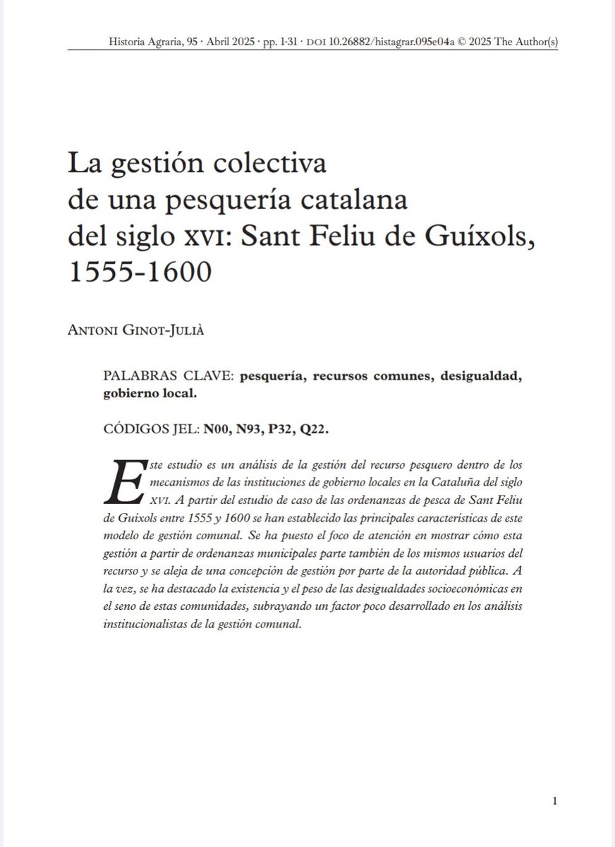 Ja podeu llegir el meu darrer article sobre la gestió pesquera a Sant Feliu de Guíxols publicat a <a href="/HistoriaAgraria/">Revista Historia Agraria</a>
historiaagraria.com/es/numeros/ant…