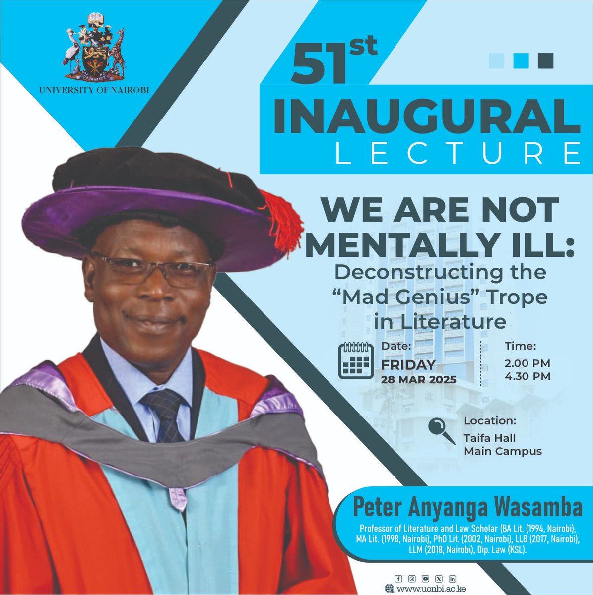 Mark Obure Morang'a (@markobure) on Twitter photo Dear All,
<a href="/AdipoSidang/">Adipo Sidang'</a> <a href="/uonbi/">University of Nairobi</a> <a href="/Literature_UoN/">Department of Literature, UoN</a> <a href="/Wasamba1/">Wasamba Peter</a> <a href="/HumanitiesUoN/">Faculty of Arts and Social Sciences</a>
Follow LIVE the proceedings of the 51st Inaugural Lecture starting at 2:00 pm using this link- youtube.com/watch?v=FYHzpb… Dear All,
<a href="/AdipoSidang/">Adipo Sidang'</a> <a href="/uonbi/">University of Nairobi</a> <a href="/Literature_UoN/">Department of Literature, UoN</a> <a href="/Wasamba1/">Wasamba Peter</a> <a href="/HumanitiesUoN/">Faculty of Arts and Social Sciences</a>
Follow LIVE the proceedings of the 51st Inaugural Lecture starting at 2:00 pm using this link- youtube.com/watch?v=FYHzpb…