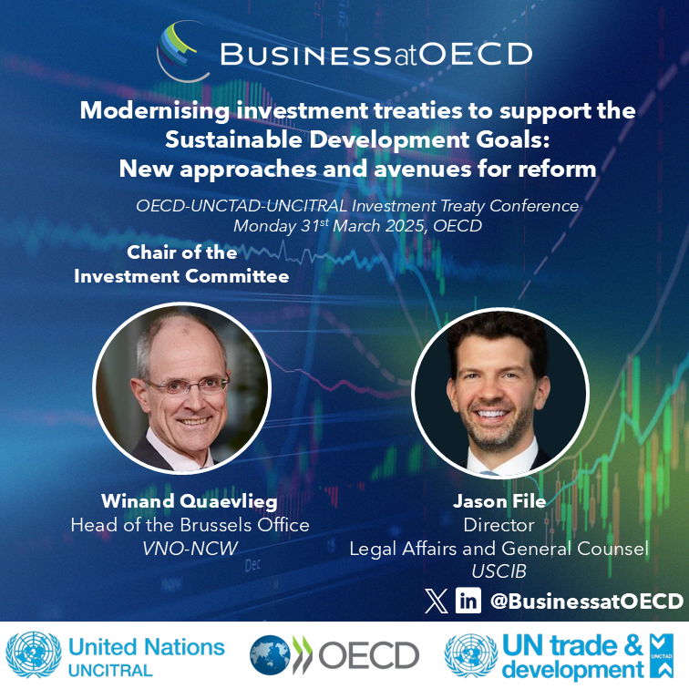 Business at OECD (@businessatoecd) on Twitter photo 🧱 Next week, our Investment Chair & <a href="/VNONCW/">VNO-NCW</a>'s <a href="/WLEQuaedvlieg/">Winand Quaedvlieg</a> & <a href="/USCIB/">US Council for International Business (USCIB)</a>'s Jason File will speak at the #UNCITRAL-<a href="/OECD/">OECD ➡️ Better Policies for Better Lives</a>-<a href="/UNCTAD/">UN Trade and Development</a> #Investment Treaty Conference on new approaches & avenues for reform to modernize investment treaties to support the <a href="/SDG2030/">SDG2030</a>.
They will join 🧱 Next week, our Investment Chair & <a href="/VNONCW/">VNO-NCW</a>'s <a href="/WLEQuaedvlieg/">Winand Quaedvlieg</a> & <a href="/USCIB/">US Council for International Business (USCIB)</a>'s Jason File will speak at the #UNCITRAL-<a href="/OECD/">OECD ➡️ Better Policies for Better Lives</a>-<a href="/UNCTAD/">UN Trade and Development</a> #Investment Treaty Conference on new approaches & avenues for reform to modernize investment treaties to support the <a href="/SDG2030/">SDG2030</a>.
They will join