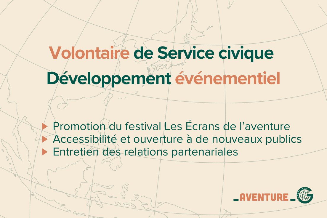 Pour <a href="/EcransAventure/">Festival Les Écrans de l'aventure</a>, au cœur des relations avec les amis du festival, ce sera VOUS ! 
 
⚡ #Servicecivique - 9 mois entre Levallois et Dijon - Promotion et diffusion de l’événement auprès de nouveaux publics / relations avec les partenaires 

la-guilde.org/agir-avec-nous…