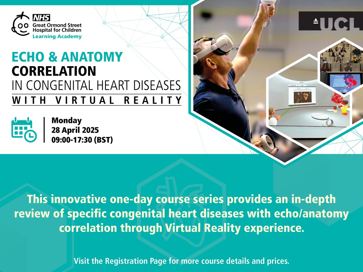There is still time to join us in London! This innovative one-day course series provides an in-depth review of specific congenital heart diseases with echo/anatomy correlation though Virtual Reality experience.

Register now: courses.gosh.org/event/immersiv…