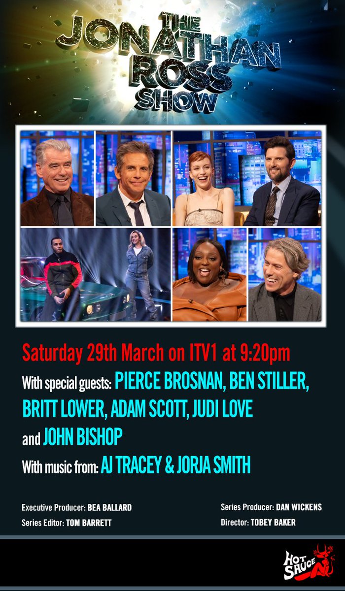 Alex Harknett (@alexharknett) on Twitter photo .<a href="/JRossShow/">Jonathan Ross Show</a>: Saturday at 9.20pm on <a href="/ITV/">ITV</a>: <a href="/wossy/">Jonathan Ross</a> with Pierce Brosnan, <a href="/BenStiller/">Ben Stiller</a>, <a href="/brittlower/">britt lower</a>, <a href="/mradamscott/">Adam Scott</a>, <a href="/1Judilove/">Judi Love (Blue Tick) 😂</a>, <a href="/JohnBishop100/">John Bishop</a> and music from <a href="/ajtracey/">aj tracey</a> with <a href="/JorjaSmith/">Jorja Smith</a>. .<a href="/JRossShow/">Jonathan Ross Show</a>: Saturday at 9.20pm on <a href="/ITV/">ITV</a>: <a href="/wossy/">Jonathan Ross</a> with Pierce Brosnan, <a href="/BenStiller/">Ben Stiller</a>, <a href="/brittlower/">britt lower</a>, <a href="/mradamscott/">Adam Scott</a>, <a href="/1Judilove/">Judi Love (Blue Tick) 😂</a>, <a href="/JohnBishop100/">John Bishop</a> and music from <a href="/ajtracey/">aj tracey</a> with <a href="/JorjaSmith/">Jorja Smith</a>.