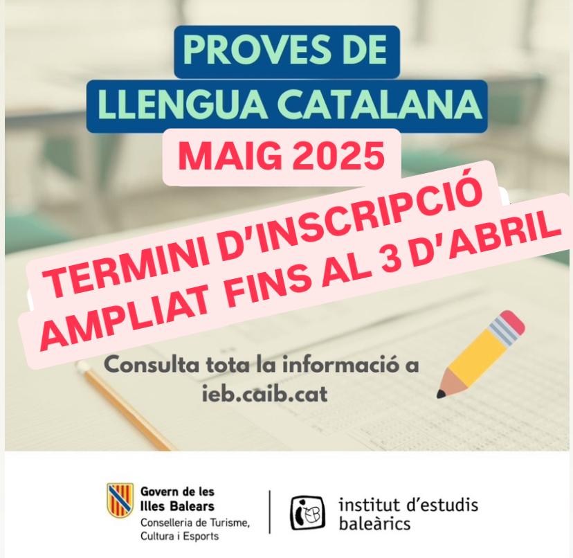 📣 Convocatòria de proves de maig de 2025
⚠️ Per problemes tècnics amb la passarel·la de pagament, AMPLIACIÓ del termini d'inscripció fins al dia 3 d'abril

#llenguacatalana
#català
#IEBllengua