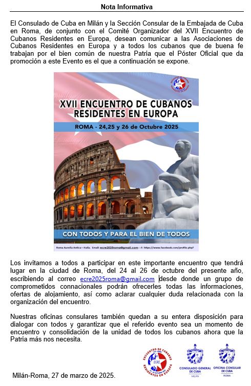 📢 XVII Encuentro de Cubanos Residentes en Europa
“Con todos y para el bien de todos”
📅 24 al 26 de octubre
 📌en Roma, Italia🇮🇹 
Inscripciones a:📩ecre2025roma@gmail.com 
Fortaleciendo los vínculos de la nación con los cubanos residentes
#JuntosXCuba #LaPatriaCrece