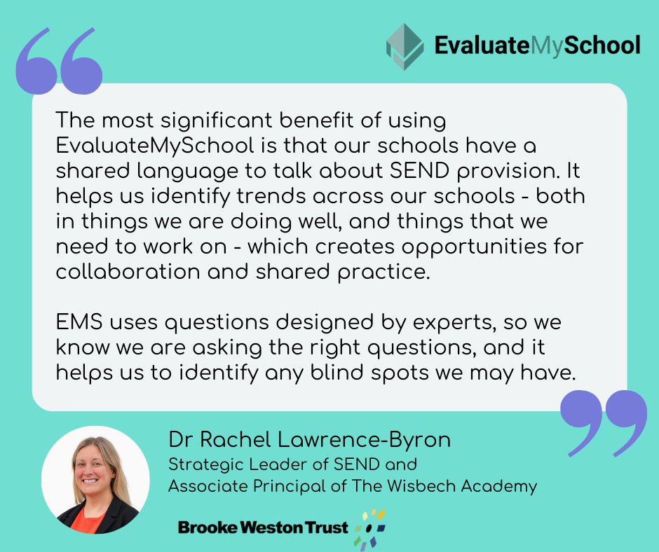 EvaluateSchool's tweet image. Our SEND self-evaluation tool is used in hundreds of schools across the UK. Dr Rachel Lawrence-Byron explains why Brooke Weston Trust have found it so useful in driving improvement.
Read the full case study here: evaluatemyschool.co.uk/case-study-how…