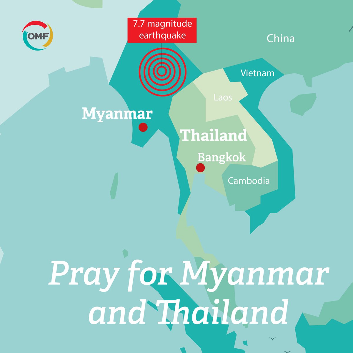 Breaking news: Myanmar earthquake

Please join us in praying for the people of Myanmar and Thailand after a powerful 7.7 magnitude earthquake struck today near the central city of Mandalay. 

1/n