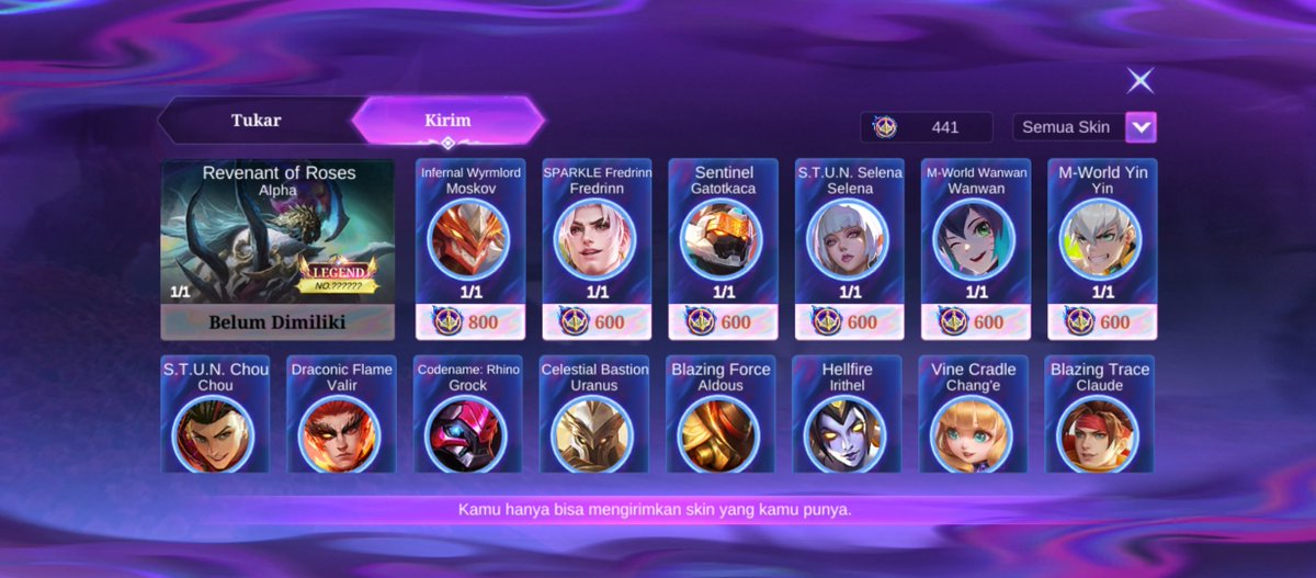 Assalamu'alaikum 
Venom open gift skin 
Stun/515 : 350 (bisa nego) 
Altsar moskov : 450 (bisa nego) 
Delay 7 hari langsung add venom 
Via dana 

Ada uang, baru di kirim skinnya 
Amanah &amp; terpercaya 

Ditunggu ordernya yak