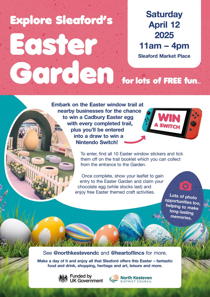 Hop to the Easter garden at Sleaford Market Place from 11am-4pm on April 12, for Easter crafts and fun, plus embark on the Easter trail for a special prize! Free face painting will also be available🐰

Find out more at heartoflincs.com/event/sleaford…

#UKSPF #EasterEvent