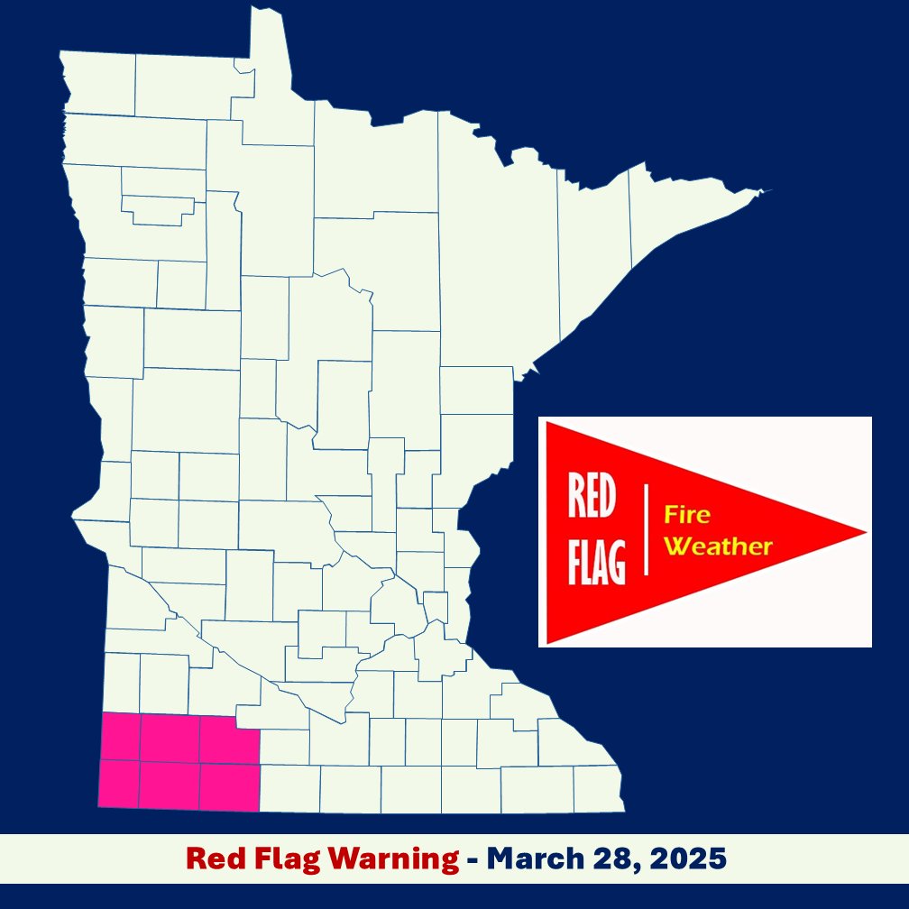 mnics's tweet image. ‼ RED FLAG WARNING ‼
@NWS has issued a RFW today 12 PM - 8 PM for SW MN. Strong winds gusting up to 40 mph &amp;amp; low RHs will result in critical fire weather conditions. Wildfires that develop will spread rapidly. Call 911 to report a wildfire. More info @ weather.gov.