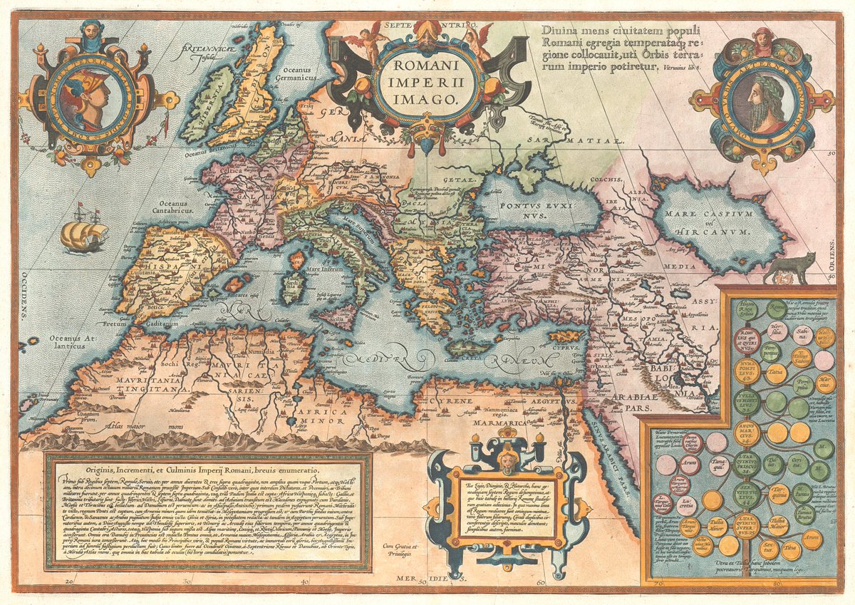 A 1601 map of the Roman Empire featuring a genealogy of early kings and a description of Rome's rise