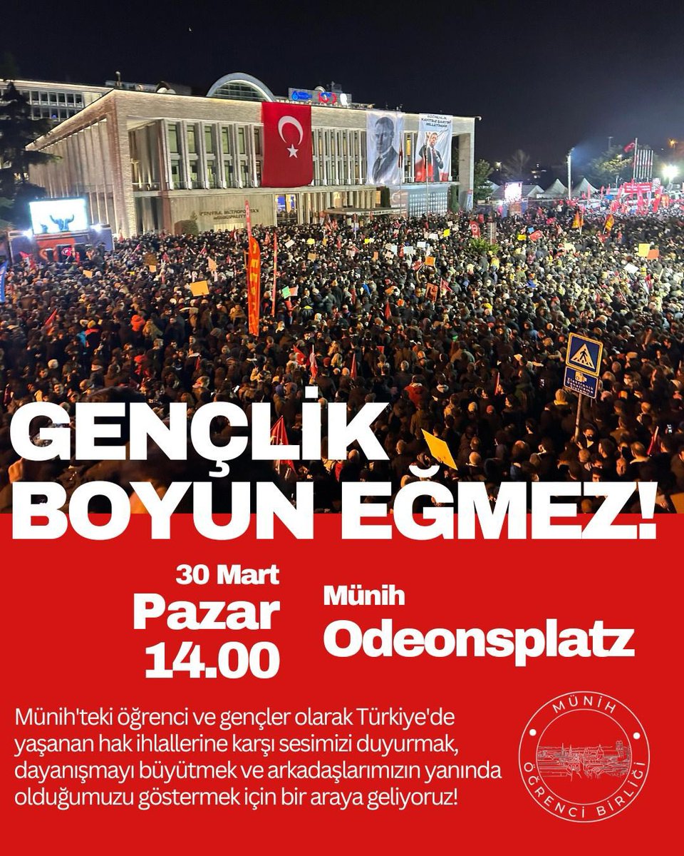 Münih’te Türkiye’deki gündem hakkında; hak, hukuk ve adalet için eylem düzenleniyor, bilginize.

#müniheylem #münihtürkler #heryerodtüheryerdireniş