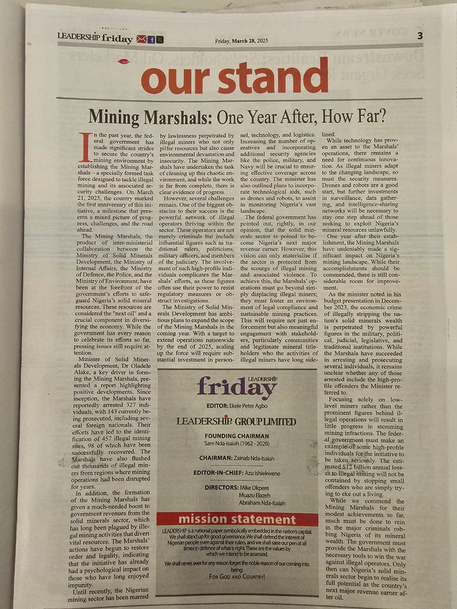 The Ministry proudly marked one year of the Mines Marshal in operation—a milestone in strengthening security within the Solid Minerals sector. Explore this insightful Editorial from the Leadership on the initiative’s achievements and the path ahead. #SolidMineralsNG
