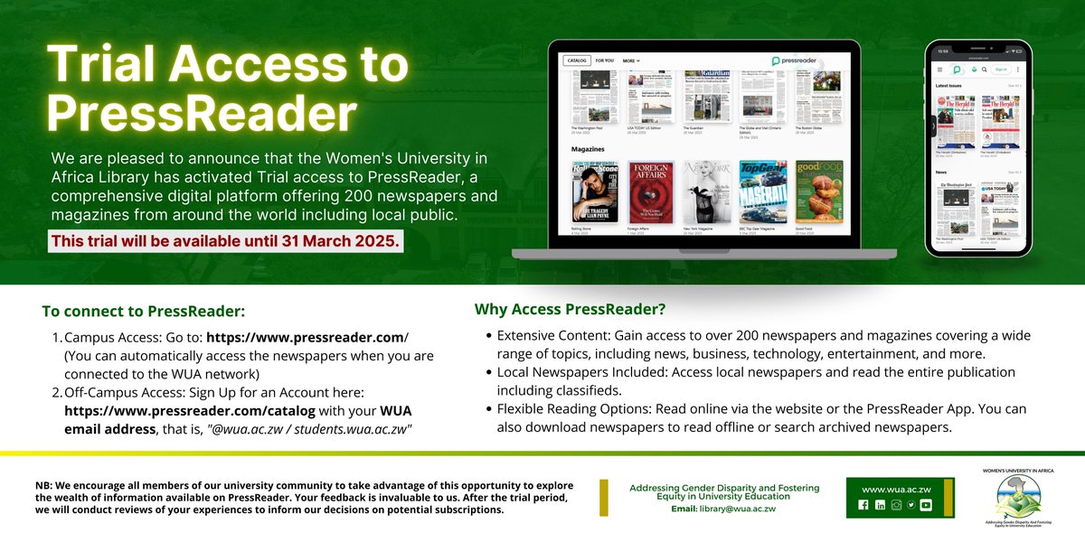 Trial Access to PressReader

We are pleased to announce that the Women's University in Africa Library has activated Trial access to PressReader, a comprehensive digital platform offering 200 newspapers and magazines from around the world including local publications.