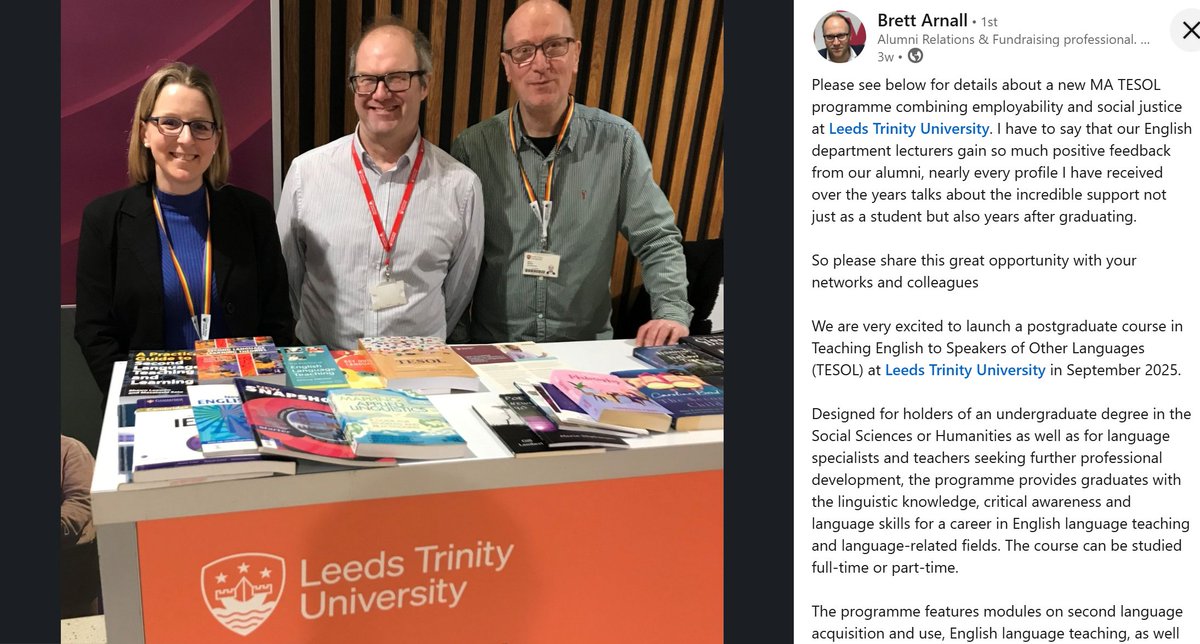Very pleased at this endorsement of the excellence of LTU English, drawing on alumni feedback.  And advertising our new MA TESOL, produced by our excellent experts in Language &amp; Linguistics!  Please share, and consider applying! linkedin.com/posts/brettarn…